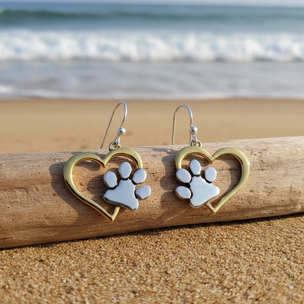 Two Tone Heart-shaped Paw Print Earrings, Copper Anti-Allergy